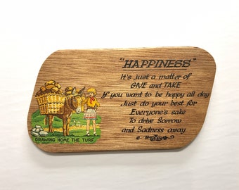 Vintage Wooden Sign Wall Hanging Retro Home Decor 70s Happiness Give and Take Driving Sorrow Away Cute Cabin Decor Drawing Home the Turf