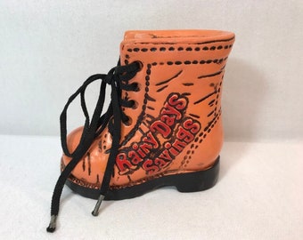 SALE Retro 80s Rainy Days Savings Coin Bank Ceramic Chalkware Vintage Orange Shoe Laces Boot Rainboot