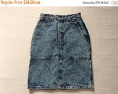 SAVE 20 1980s Denim Acid Wash Skirt High Waist Ladies Extra Small or Small Brody Bootlegger Canada Retro