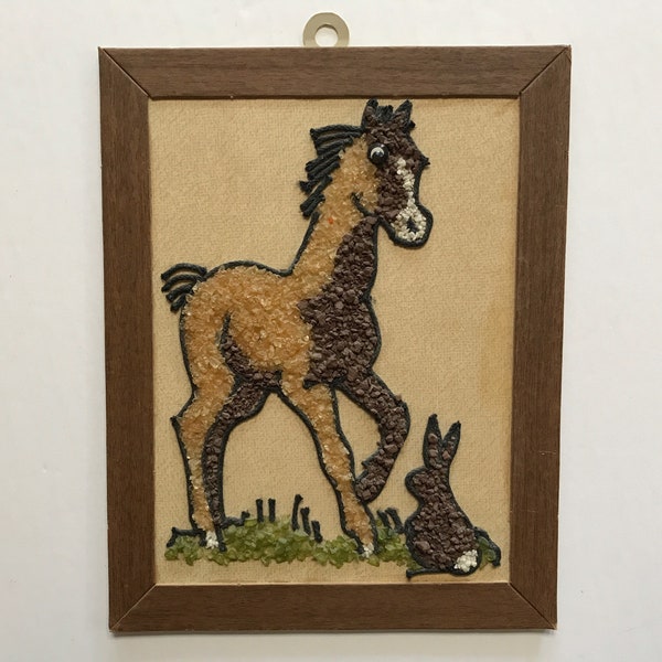 Vintage Sand Art Wall Hanging of Pony and Bunny Horse Cute Stable Kids Room Pebbles Mosette Craft Master