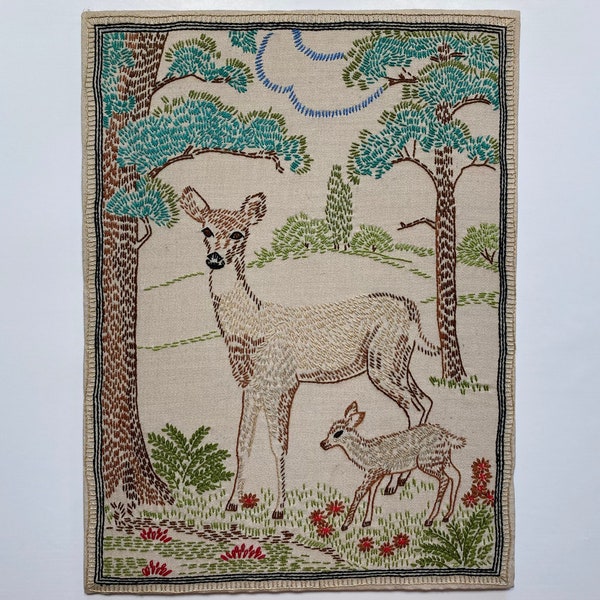 Vintage Woodland Deer Crewel Embroidery Wall Hanging Home Decor Handmade Hand Stitched