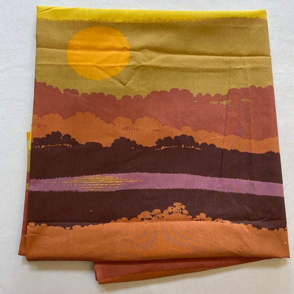 Vintage 1970s Twin Flat Sheet Burlington Sunset Pretty Kids Bedding Fabric Cotton Made in USA