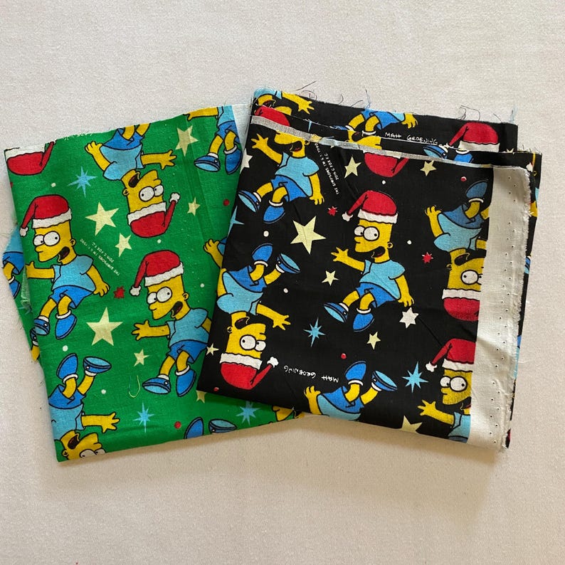 1990 the Simpsons Bart Simpson Christmas Fabric Scrap Pieces Cotton 90s ...