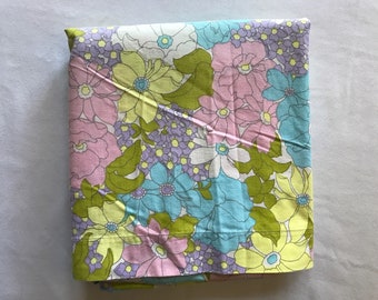 フラワーパワー ダブルフルトップフラットシーツ パープル ブルー ピンク フローラル