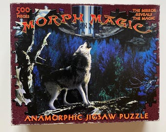 1999 Magic Morph Wolves Puzzle TWO MISSING PIECES Anamorphic Jigsaw with Mirror Tube Vintage Optical Illusion Puzzle
