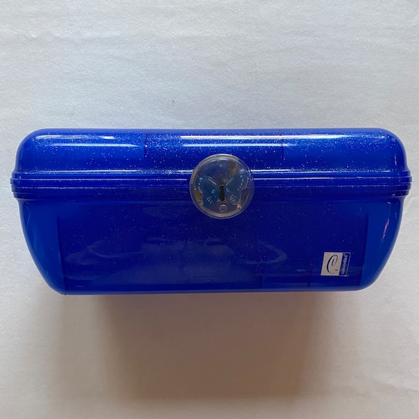 1990s Vintage Caboodle 2752 Make Up Organizer Blue with Blue Glitter Flower Train Case Caboodles Kit USA