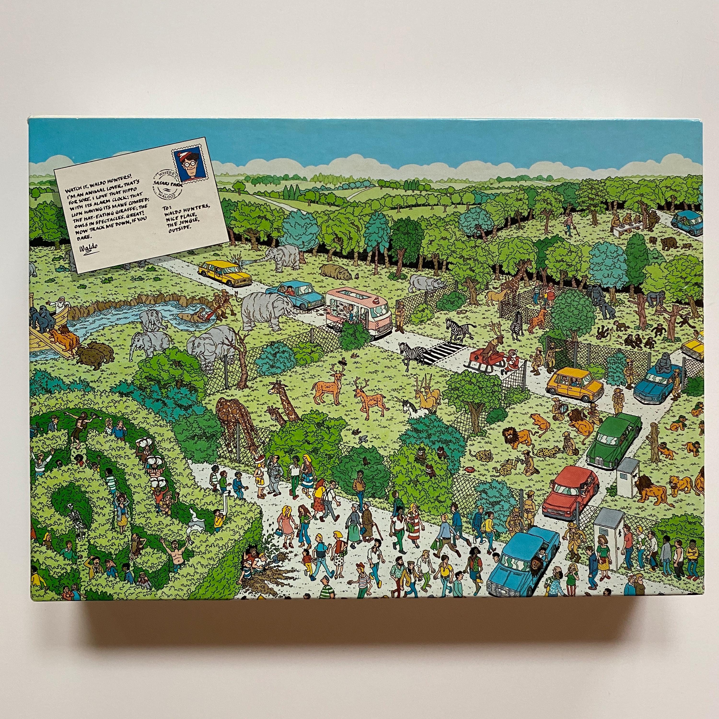 Vintage Where's Waldo Safari Park Jigsaw Puzzle Game Night Kids Search and Find COMPLETE