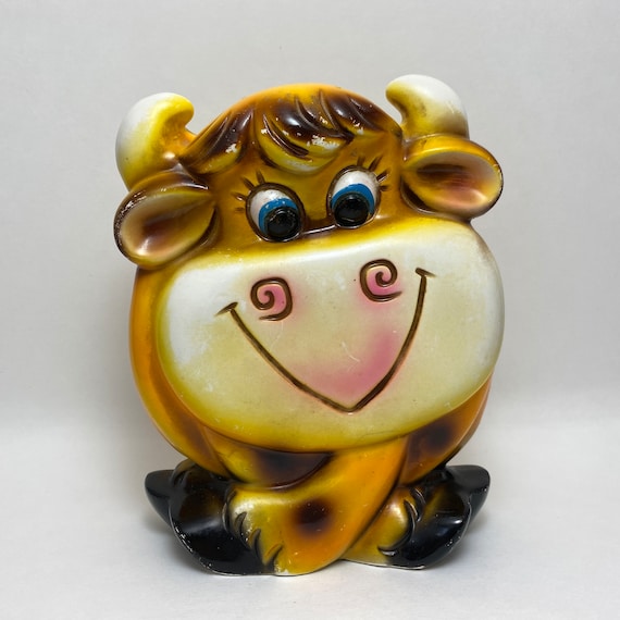 Vintage Chalkware Ceramic Cow Bull Piggy Bank 70s Retro Kitsch