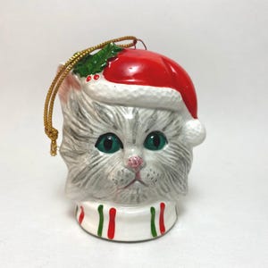 Kitty Cat Head Ceramic Ornament Made in Japan Cute Grey Santa Hat Xmas Decoration
