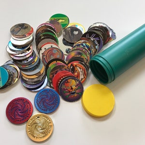 1990s Blank Back Pogs in Collector Tube 3 Limited Edition Slammers magic 8 ball skulls peace signs poison 90s Kids Toys Games Played With