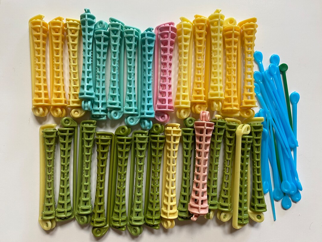 Vintage 70s Swing Arm Perm Rods Hair Perming Curlers Aqua Pink Yellow