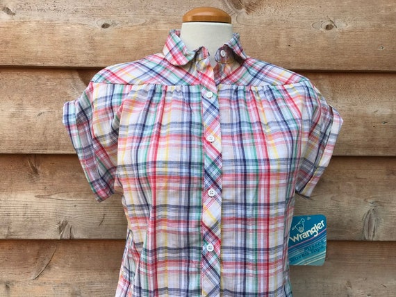Wrangler Rainbow Striped Shirt 1980s Button Up Collar Rolled Cuff Ladies Size 8 USA