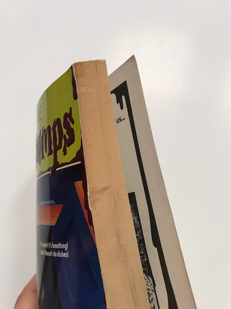 Op de afbeelding: Een paperback boek met een groene kaft en de titel "The Grimps" in bruine letters. Het boek is gedeeltelijk bedekt met een blauwe en oranje sticker met de tekst "It's warm! It's breathing! And it doesn't do dishes!" Het boek ligt op een ander boek met een zwart-witte kaft.