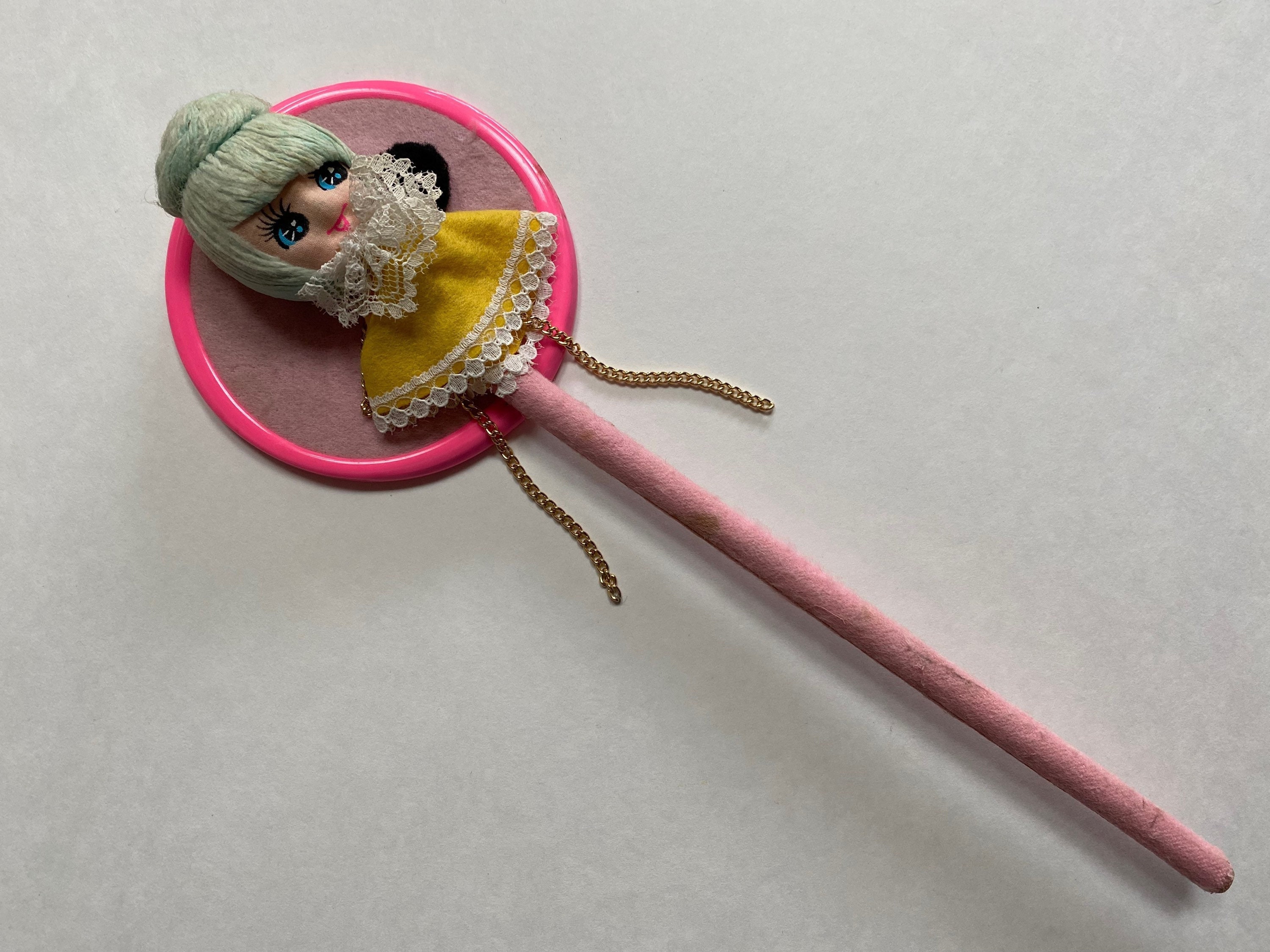 Cute Vintage Dolly Mirror Made in Japan Felt Wand for Girls 60s