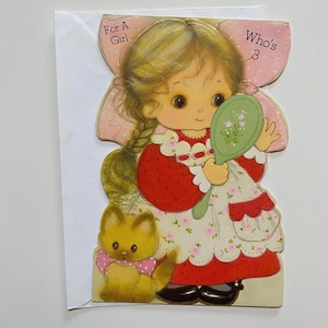Carte de voeux vintage pour une fille qui a 3 ans fabriquée au Canada des années 1970 Carlton Cards