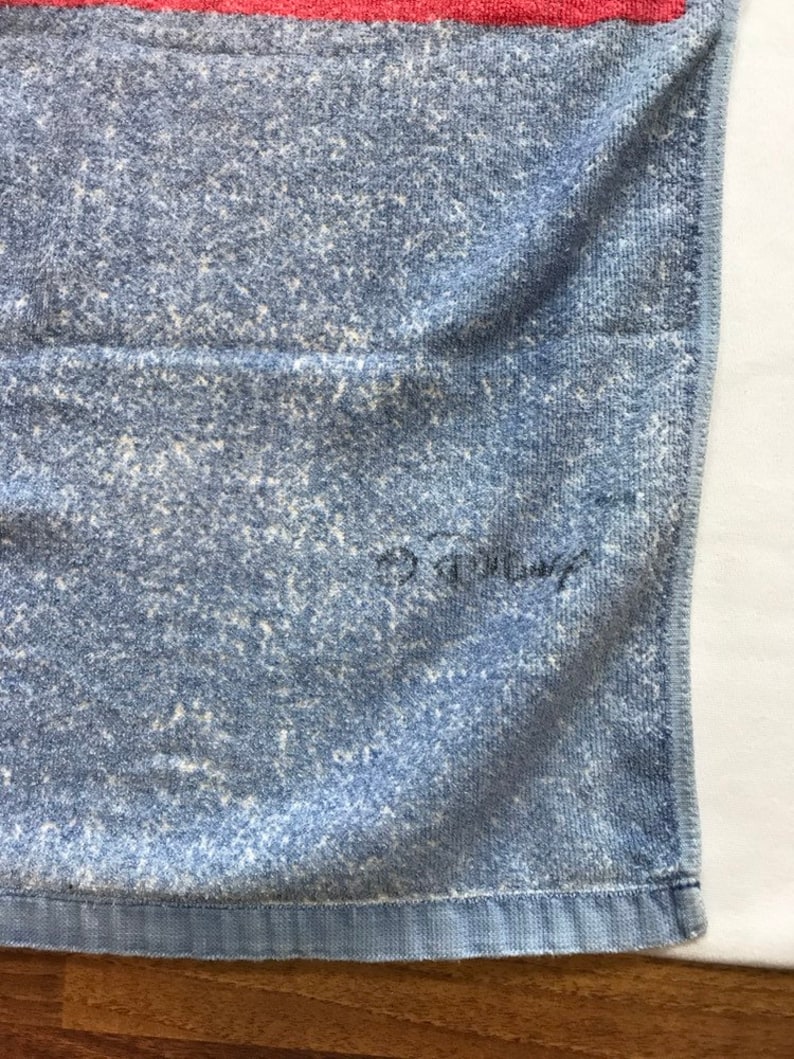 Pode incluir: Uma toalha de praia listrada azul e vermelha com uma borda branca. A toalha est&aacute; dobrada e tem uma pequena quantidade de penugem branca na superf&iacute;cie.