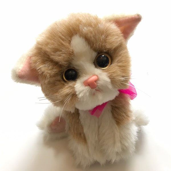 RARE Vintage 1995 Tyco Kitty Kitty Baby Kittens Purring Cat Plushie Stuffed Animal HTF White Tan Pink Bow Collectible