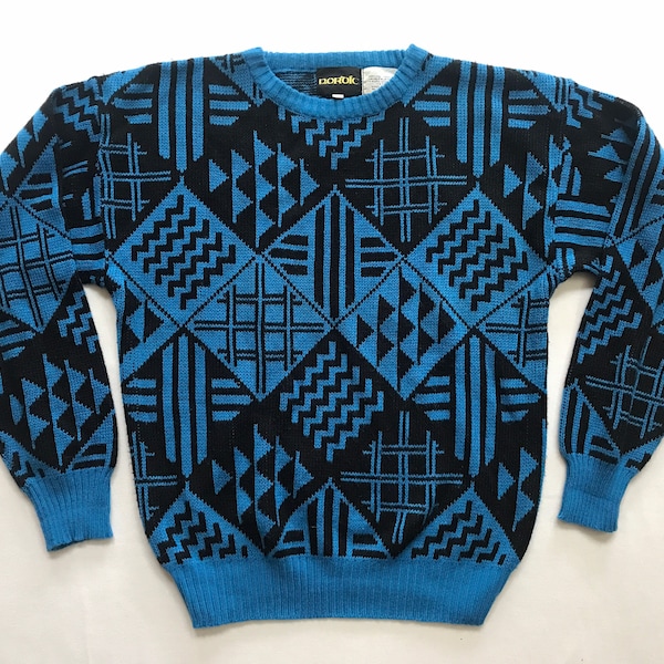 Vintage Funky Acrylic Knit Sweater Unisex Medium Large 80s 90s Color Block Blue Black Fall Autumn Winter Nordic