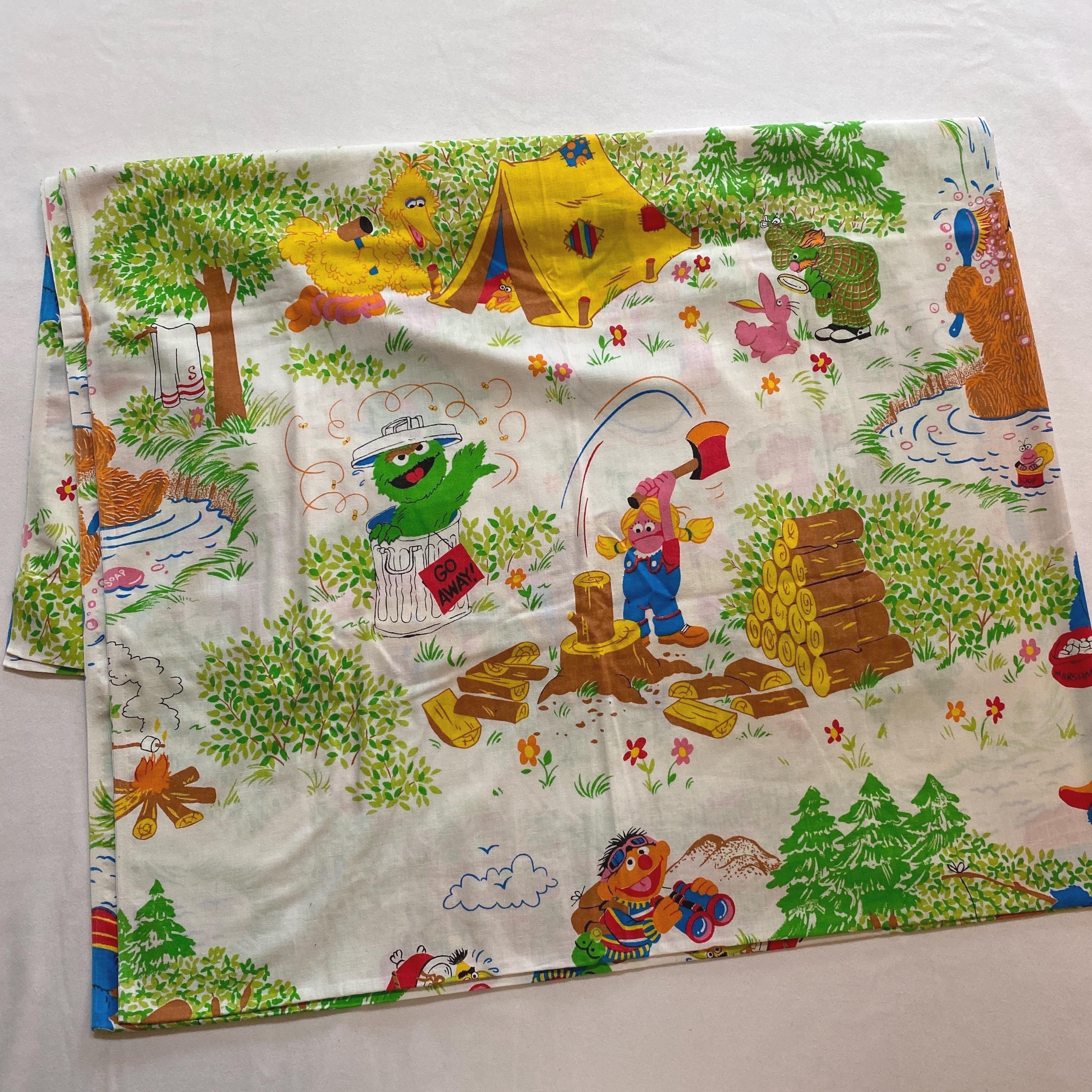Vintage Sesame Street Muppets CAMPING Twin Flat Sheet Made in USA