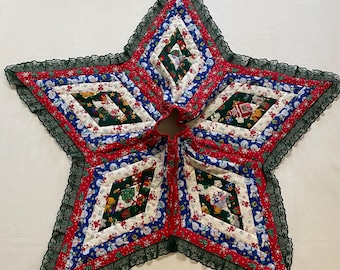 Vintage Handmade Quilted Star Shape Christmas Tree Skirt 1990s Double Sided Patchwork Holiday Decor