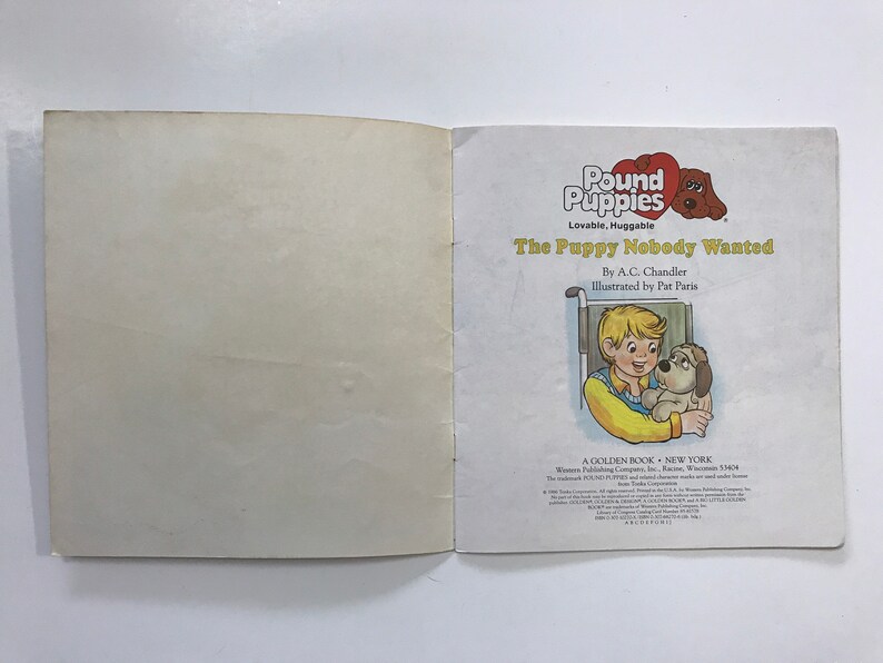 May include: A Golden Book titled "The Puppy Nobody Wanted" by A.C. Chandler, illustrated by Pat Paris. The cover features a young boy in a yellow shirt holding a small white puppy. The book is part of the Pound Puppies series.