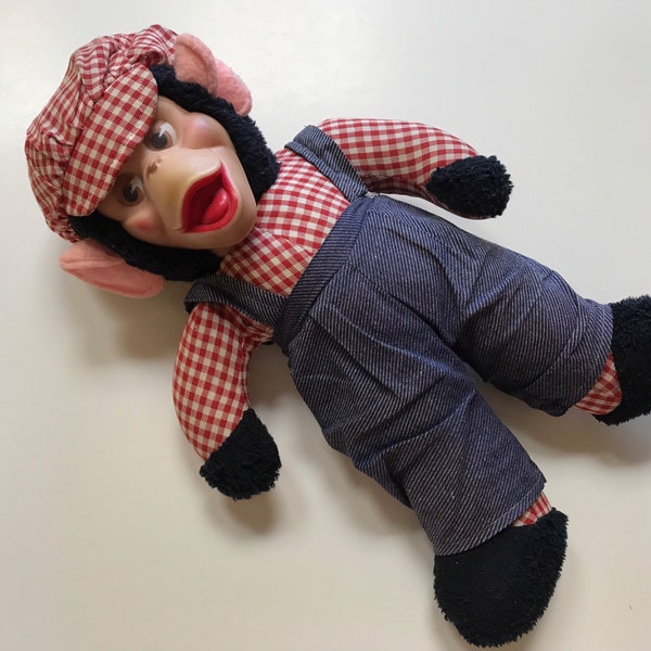 Mr Bim? Monkey Plush Doll Overalls Checker Print Shirt Hat Cute Stuffed Animal 60s 70s Rubber Face