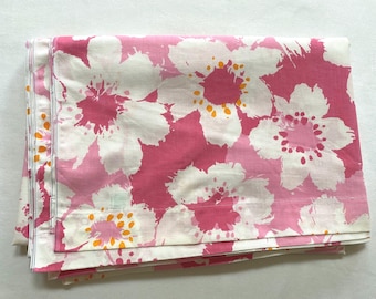 Tex Made Twin Flat Sheet in Pink Floral Colorway Vintage 1970s Retro Bedding