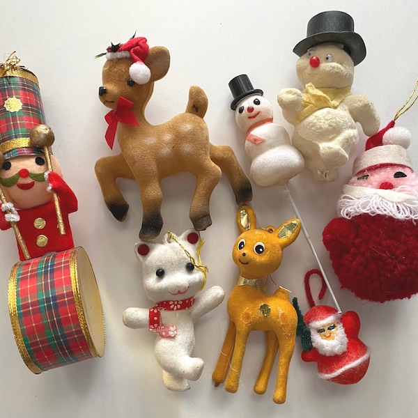 Christmas Xmas Holiday Flocked Ornaments Animals Plastic Hong Kong Collectible Cute 80s