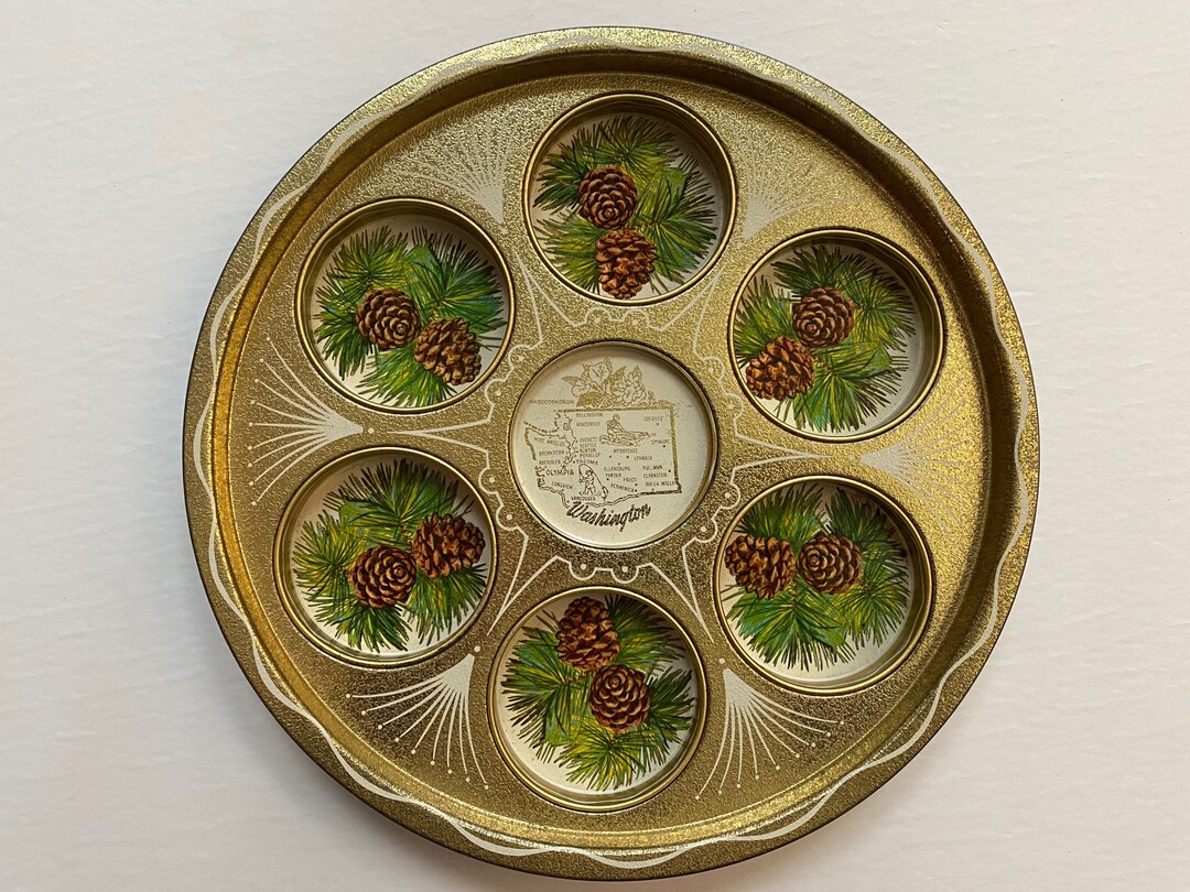 Vintage Tin Serving Tray Drink Holder Circular 70s Home Decor