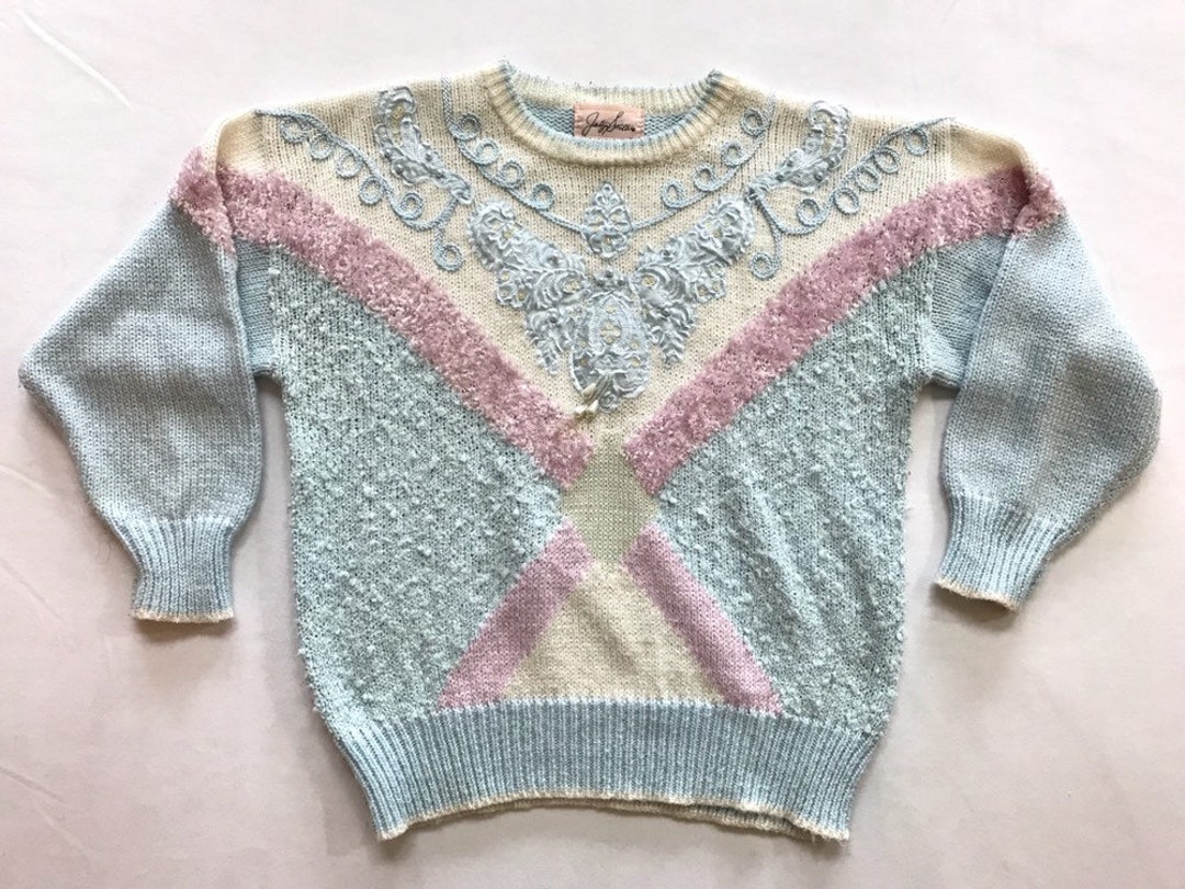 1980s Pastel Kawaii Acrylic Knit Sweater With Sparkles Pink Blue Ladies ...