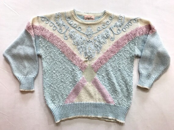 1980s Pastel Kawaii Acrylic Knit Sweater With Sparkles Pink - Etsy