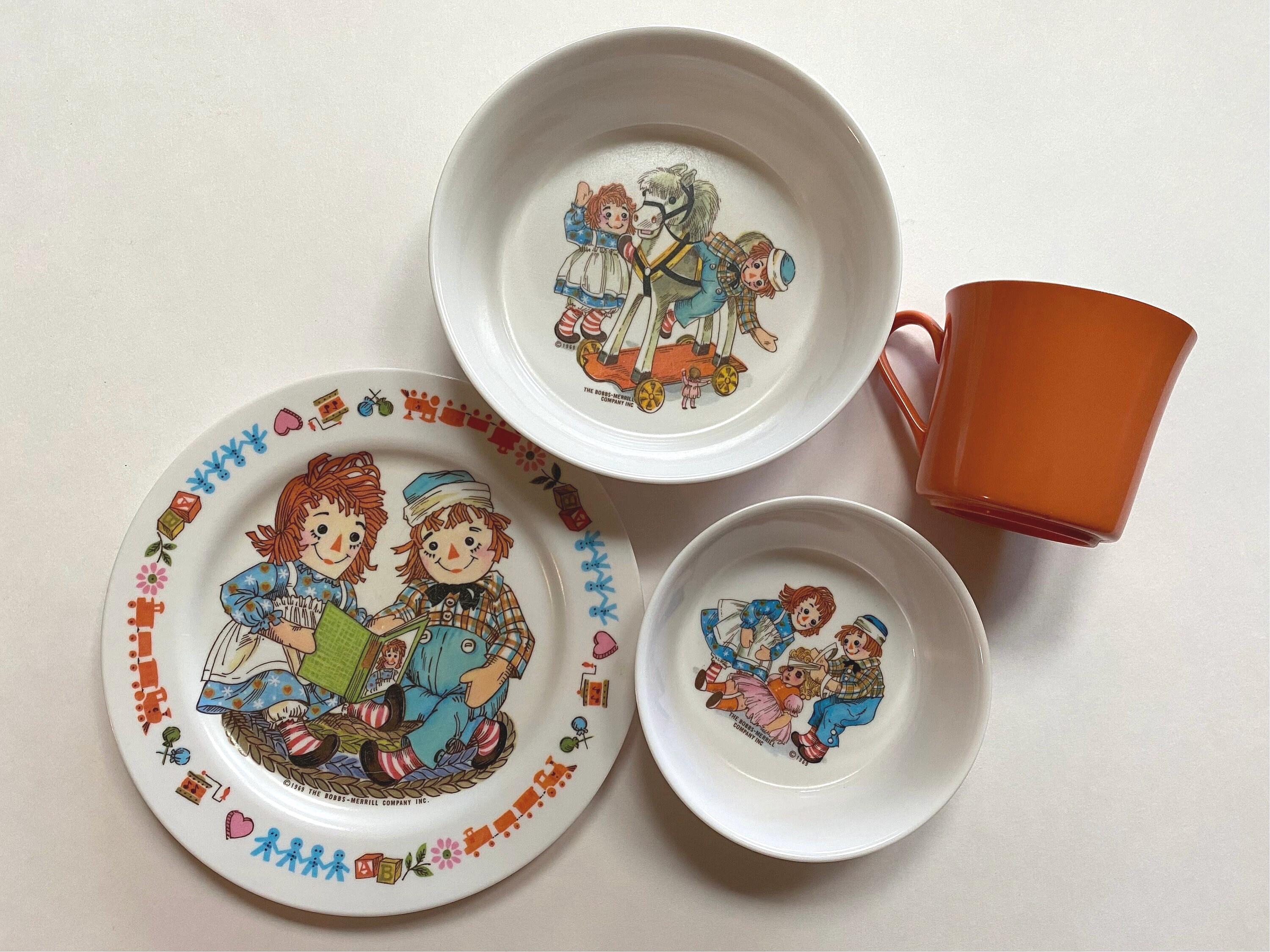Raggedyアン&アンディ&寛斎fine china&花柄大皿3枚セット Raggedy Ann and Andy Melamine Dish Set for Kids 1969 Collectible