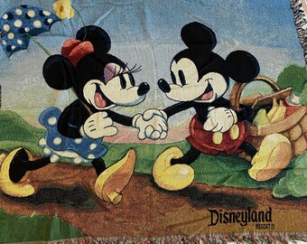 Vintage Disney Mickeys Spring Picnic Tapestry Woven Throw Blanket Made in USA