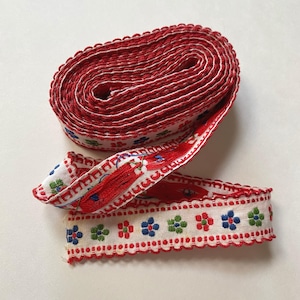 Vintage Embroidered Woven Trim Craft Sewing Supply Red White Blue Flower Print Groovy 70s image 1