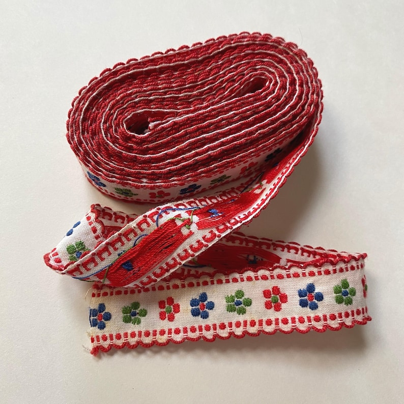 Vintage Embroidered Woven Trim Craft Sewing Supply Red White Blue Flower Print Groovy 70s image 1