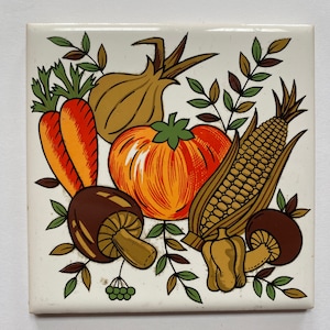 Vintage Ceramic Tile Trivet Kitchen Decor Kitschy Farm Retro Cute Veggies Mushroom Corn