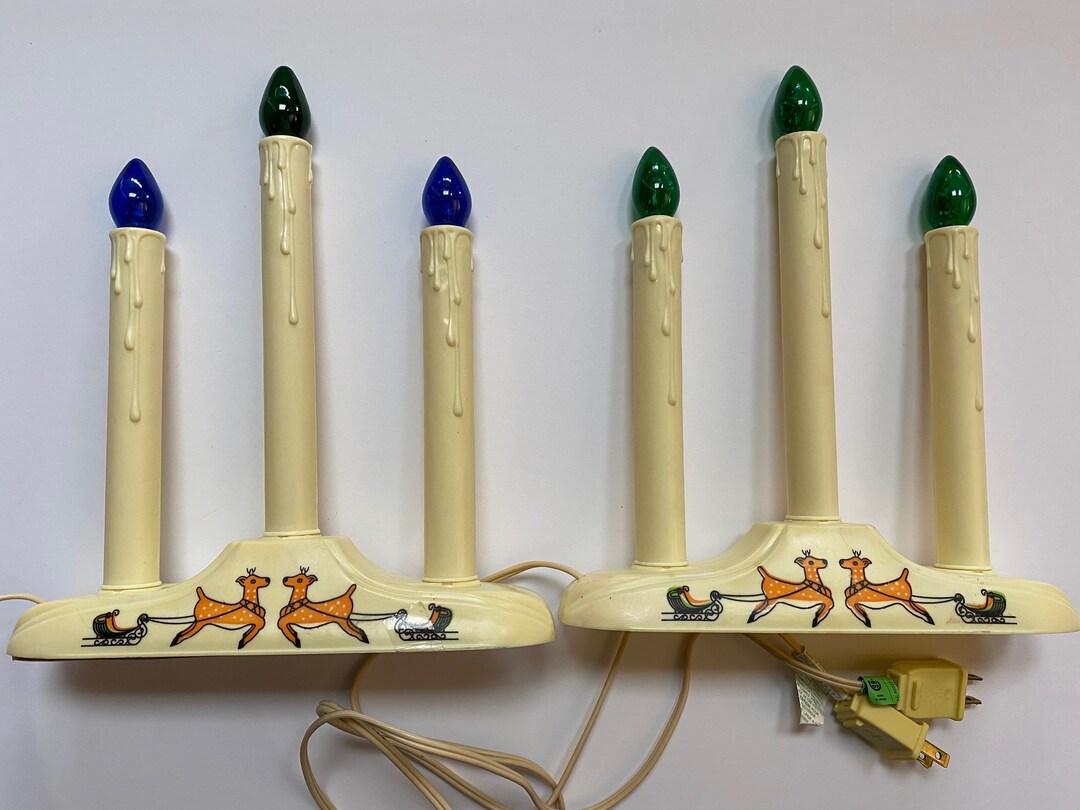 Pair of Vintage Christmas Candelabras Plastic Candle Lights Xmas