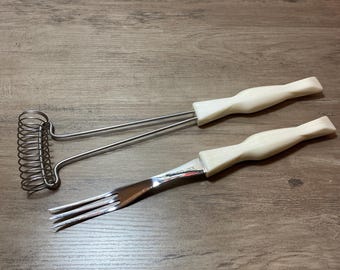 Cutco Serving Fork and Whisk Made in USA White Plastic Handles