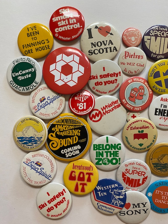 Vintage Pin Back Buttons Badges LOT Canadian 70s 80s … Gem