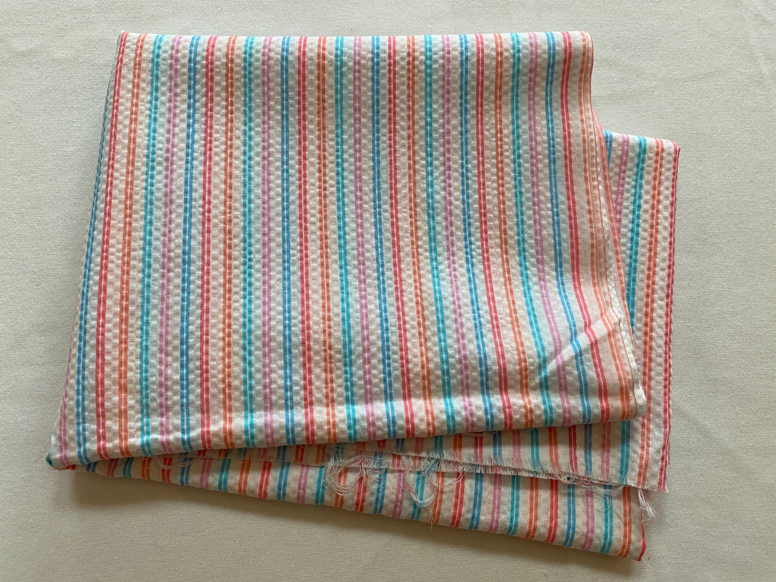 Vintage Multicolored Striped Seersucker Cotton Fabric by the Half