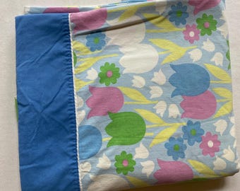 Wabasso Double Full Flat Sheet in Green Blue Purple Floral Colorway Vintage 1970s Bedding Cotton Flower Power
