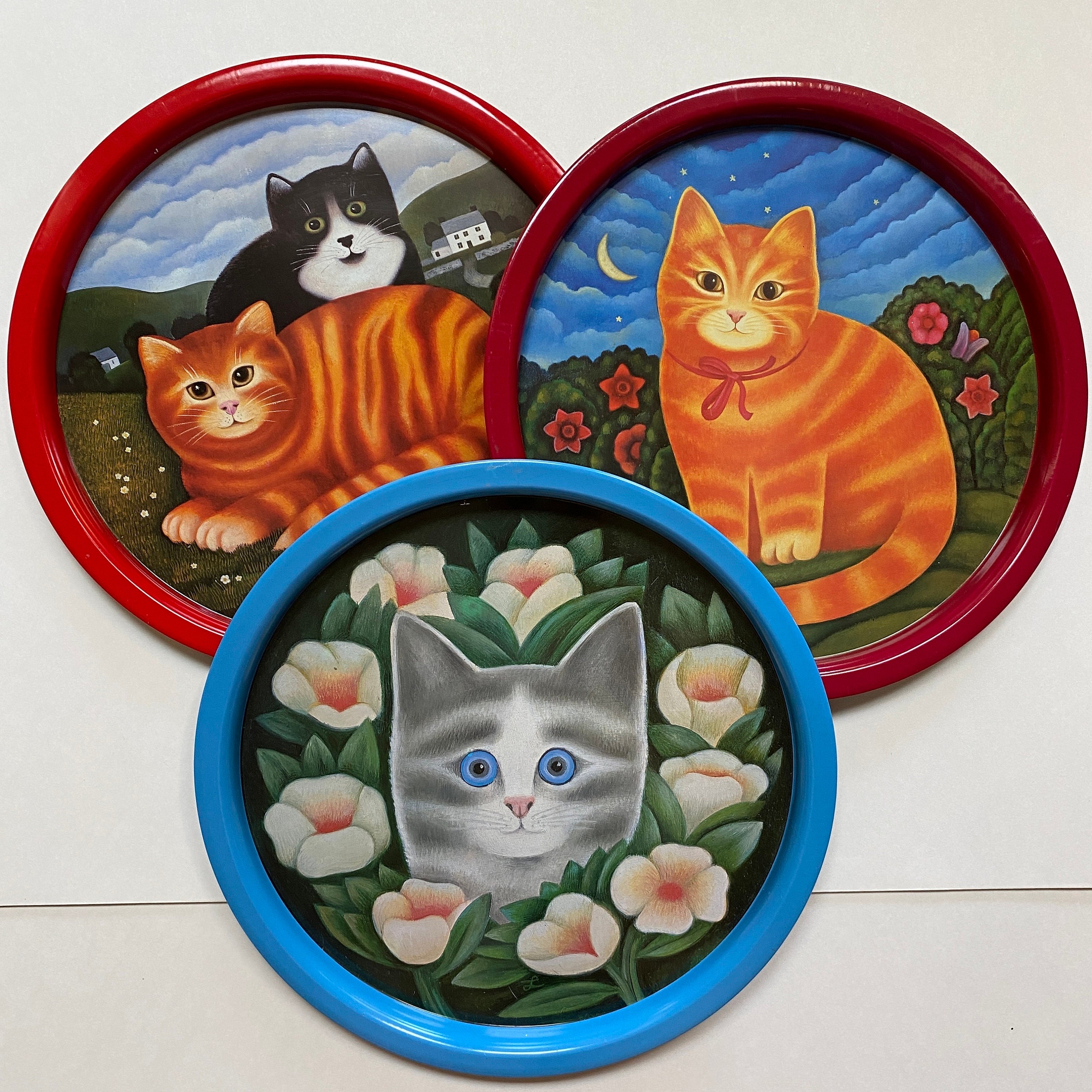 Decorative Tin Cat Trays by Martin Leman for J Luber Set of THREE