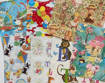 May include: Assortment of colorful wrapping paper featuring various designs, including animals, flowers, and letters. The papers are printed on a white background and have a vintage aesthetic.