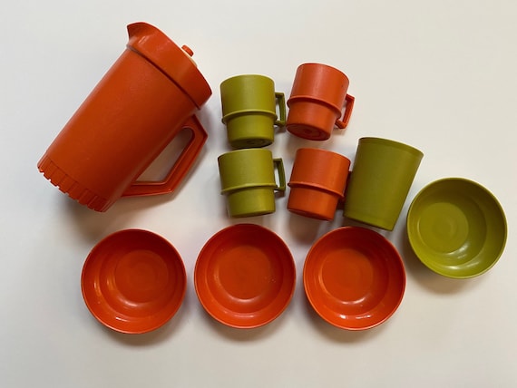 Tupperware Toys Mini Serve It Plastic Play Dishes Kids Retro Kitchen  Pretend Play 11 Pieces Orange Green Kids Children Tupper Toys 