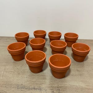 May include: Ten small terracotta plant pots are displayed. Each pot has a rounded base, a slightly flared rim, and horizontal ridges. The pots are arranged on a light-coloured surface.
