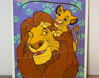 Rompecabezas de bandeja con marco de madera de El Rey León, juguete vintage para niños de 1994, Mufasa y Simba, Playskool 359-04