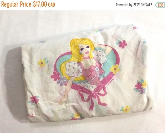 Sale Vintage 1997 Barbie Twin Fitted Sheet Girls Bedroom Linens Character Dan River Bedding Linens Retro Cute