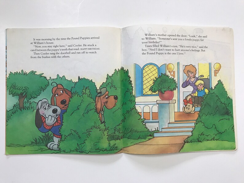 May include: A group of cartoon dogs hiding in bushes, with one dog holding a card that says "Happy Birthday". A boy in a wheelchair receives a puppy from his mother. The scene is from a children's book.