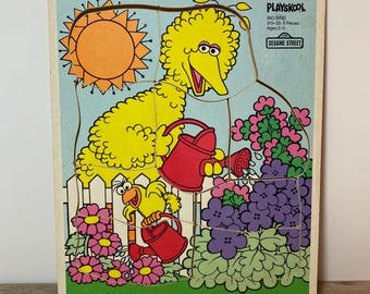 Rompecabezas de bandeja con marco de madera de Barrio Sésamo de Big Bird, juguete vintage para niños, 1988, Playskool 315-20, fabricado en EE. UU.