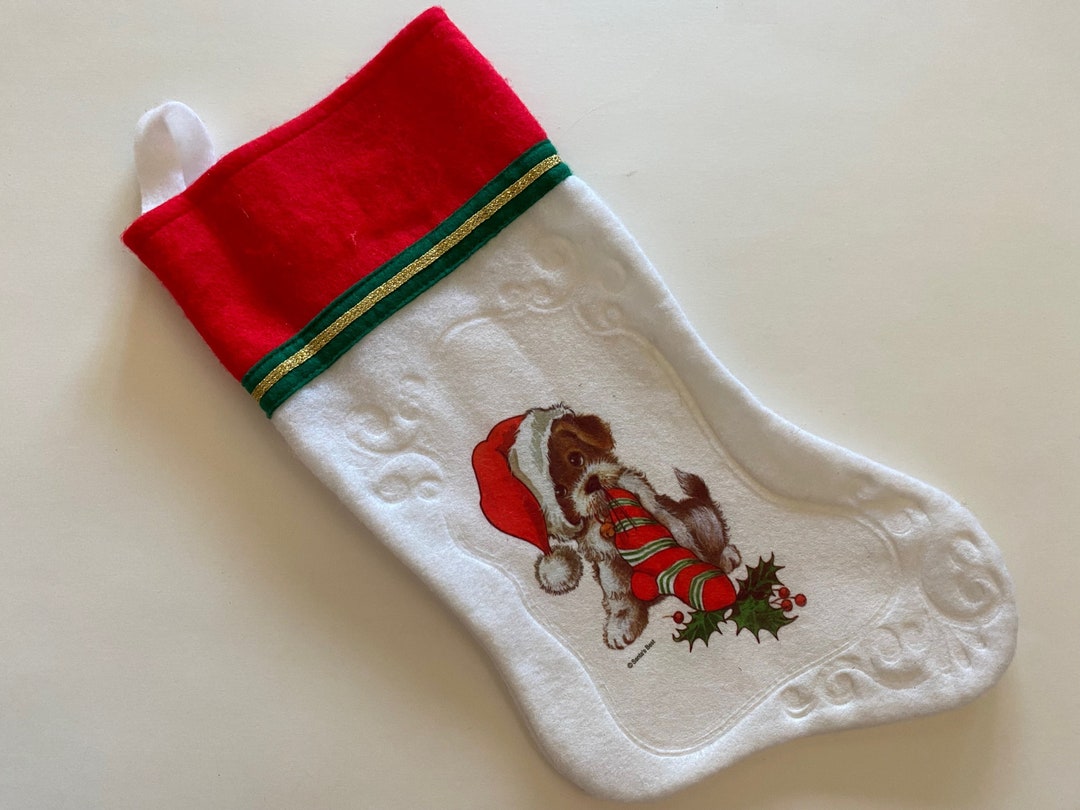 Vintage Felt Christmas Stocking Santa With Puppy Dog Home Holiday